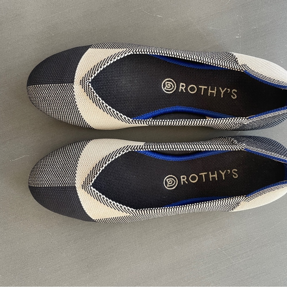 Rothy’s The Flat Buffalo Plaid Black Grey Round Toe Ballet Shoes Women Size 9.5